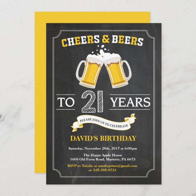 Cheers and Beers 21st Birthday Invitation Card (Front/Back)