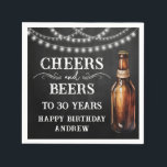 Cheers and Beers 30th Birthday Paper Napkin<br><div class="desc">Rustic Black Chalkboard watercolor beer bottle and pint glass. Rustic Outdoor or bar birthday decore for him. Any age. Easy to personalized template. All text can be adjusted using the design option. Fun,  simple,  casual birthday invites for him.</div>