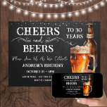 Cheers and Beers 30th Birthday Rustic Invitation<br><div class="desc">Cheers and Beers Birthday Invitations. Easy to personalize. All text is adjustable and easy to change for your own party needs. Chalkboard and rustic background elements. Fun Chalkboard swirls and flourishes. Watercolor beer mug. Invitations for him. Bar or backyard BBQ birthday design. Any age,  just change the text.</div>