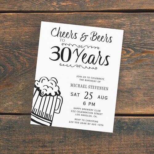 Cheers and beers 30th men birthday invitation