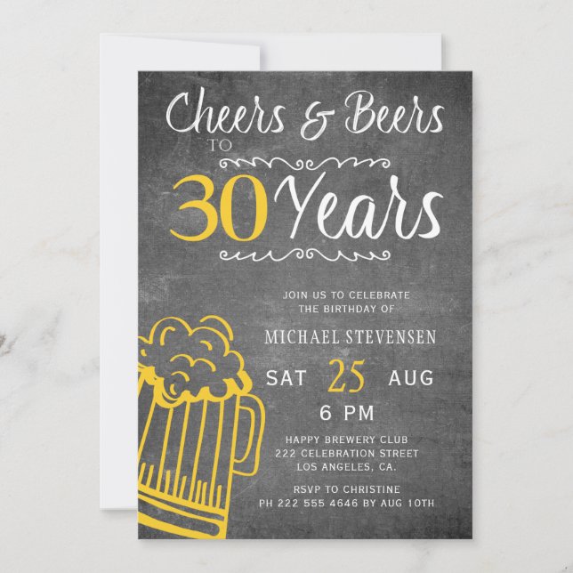 Cheers and beers 30th men chalkboard birthday invitation (Front)