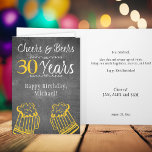 Cheers and beers 30th men milestone birthday funny card<br><div class="desc">Informal and fun cheers and beers to 30 years men thirty birthday greeting card with a fancy casual typography script, two yellow doodle beer mugs, and swirls on a rustic vintage dark grey chalkboard background. Suitable for any age or milestone male birthday party or long-distance virtual celebration. Easy to personalize...</div>