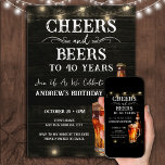 Cheers and Beers 40th Birthday Bar Lights Invitati Invitation<br><div class="desc">Cheers and Beers Birthday Invitations. Easy to personalize. All text is adjustable and easy to change for your own party needs. String lights rustic background elements. Fun Chalkboard swirls and flourishes. Watercolor beer mug. Invitations for him. Bar or backyard BBQ birthday design. Any age,  just change the text.</div>