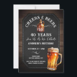 Cheers and Beers 40th Birthday Party Invitation<br><div class="desc">Cheers and Beers Birthday Invitations. Easy to personalize. All text is adjustable and easy to change for your own party needs. Chalkboard and rustic wood background elements. Fun Chalkboard swirls and flourishes. Watercolor beer mug. Invitations for him. Bar or backyard BBQ birthday design. Any age,  just change the text.</div>