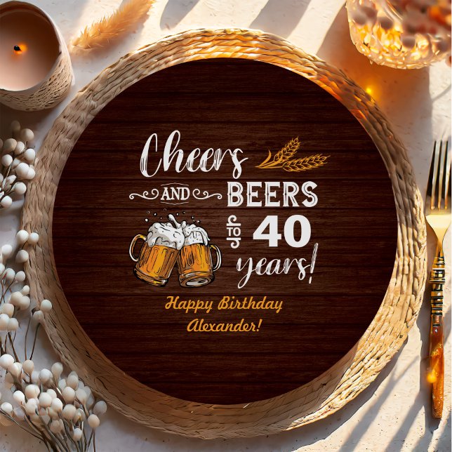 Cheers and Beers 40th Birthday Rustic Paper Plates (Creator Uploaded)