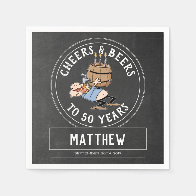 Cheers And Beers 50th Birthday Black And White Napkins (Front)