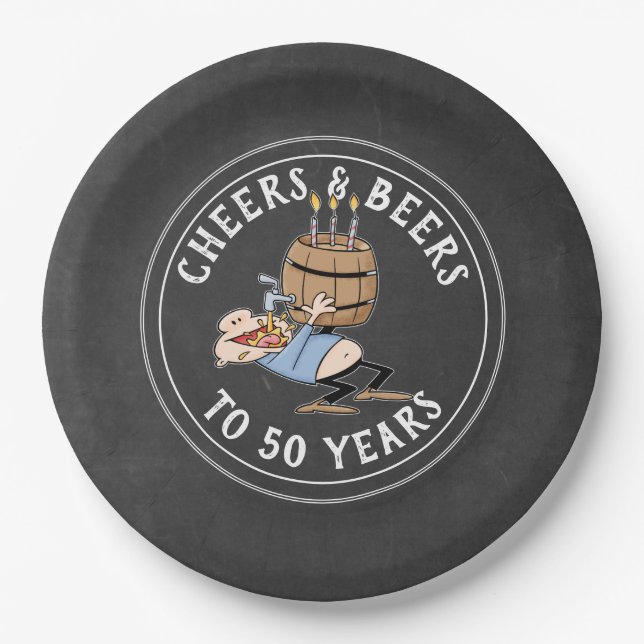 Cheers And Beers 50th Birthday Black And White Paper Plates (Front)