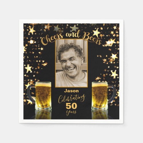 Cheers and Beers 50th Birthday Black  Gold Stars Napkins