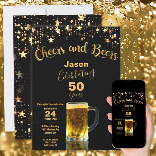 Cheers and Beers 50th Birthday Party Black  Gold Invitation