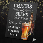 Cheers and Beers 50th birthday Pedestal Sign<br><div class="desc">Rustic Black Chalkboard watercolor beer bottle and pint glass. Rustic Outdoor or bar birthday decore for him. Any age. Easy to personalized template. All text can be adjusted using the design option. Fun,  simple,  casual birthday invites for him.</div>