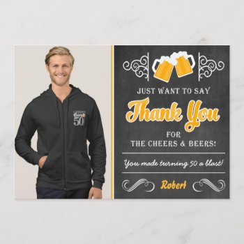 Cheers And Beers 50th Birthday Thank You Card by PuggyPrints at Zazzle