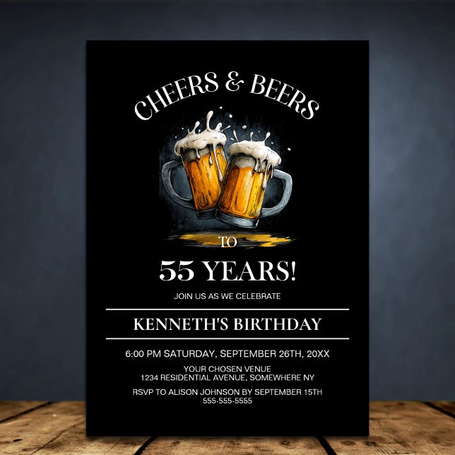 Cheers and Beers 55th Birthday Party Invitation (Creator Uploaded)