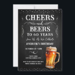 Cheers and Beers 60th Birthday Chalkboard Invitati Invitation<br><div class="desc">Cheers and Beers Birthday Invitations. Easy to personalize. All text is adjustable and easy to change for your own party needs. Chalkboard and rustic background elements. Fun Chalkboard swirls and flourishes. Watercolor beer mug. Invitations for him. Bar or backyard BBQ birthday design. Any age,  just change the text.</div>