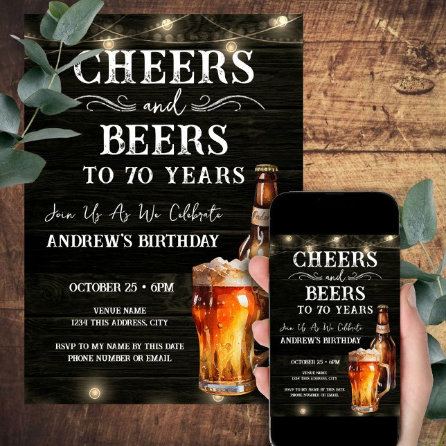 Cheers and Beers 70th Birthday Bar Lights Invitati Invitation (Creator Uploaded)