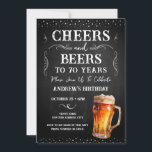 Cheers and Beers 70th Birthday Chalkboard Invitati Invitation<br><div class="desc">Cheers and Beers Birthday Invitations. Easy to personalize. All text is adjustable and easy to change for your own party needs. Chalkboard and rustic background elements. Fun Chalkboard swirls and flourishes. Watercolor beer mug. Invitations for him. Bar or backyard BBQ birthday design. Any age,  just change the text.</div>