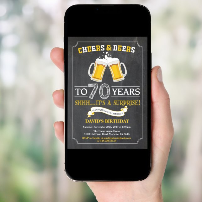 Cheers and Beers 70th Birthday Invitation Card (Front Digital)