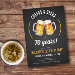 Cheers and Beers 70th Birthday Party Invitation<br><div class="desc">Cheers and Beers 70th Birthday Party Invitation. Celebrate seventy decades of greatness with this festive "Cheers and Beers" 70th birthday invitation! Featuring bold beer mugs, rustic accents, and a sleek combination of black, gold, and white, this design strikes the perfect balance between laid-back fun and classic sophistication. Whether you’re hosting...</div>