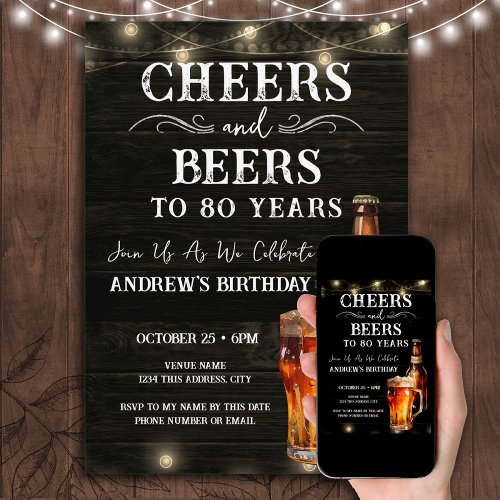 Cheers and Beers 80th Birthday Bar Lights Invitati Invitation