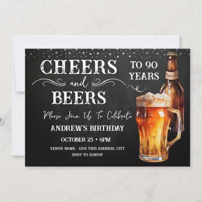 Cheers and Beers 90th Birthday Rustic Invitation (Front)