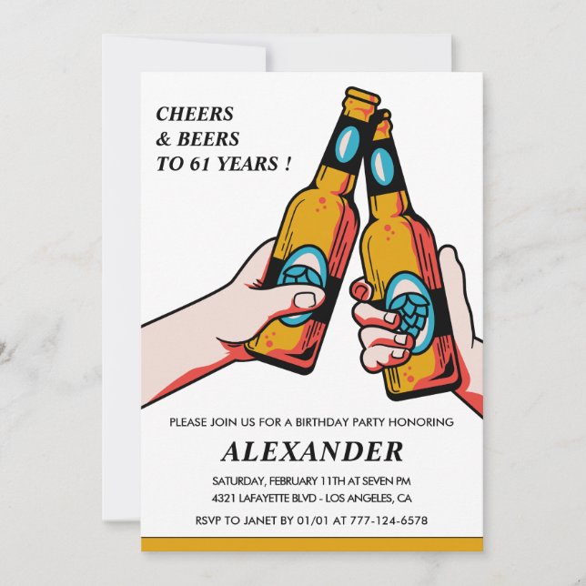 Cheers and Beers Adult Men 61st birthday Invitation (Front)