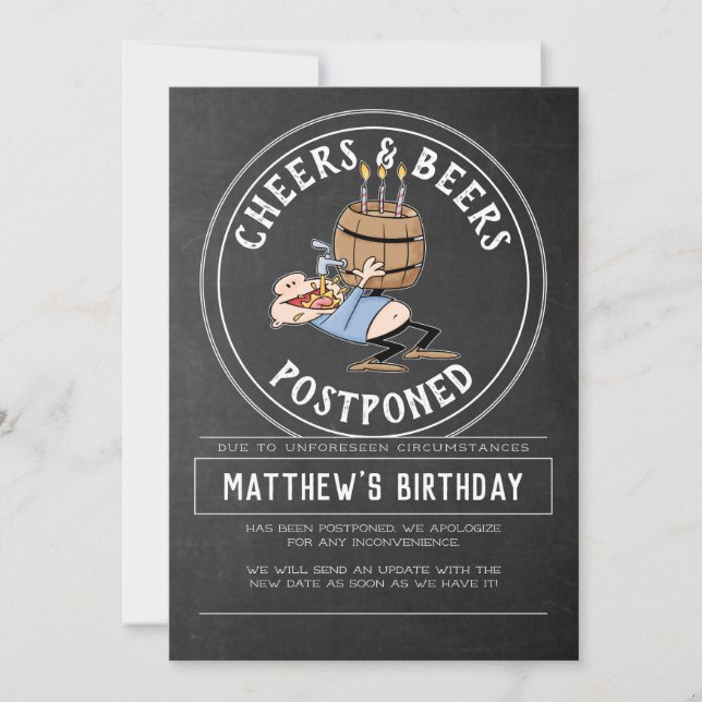 Cheers And Beers Birthday Cancellation - Postponed Invitation (Front)