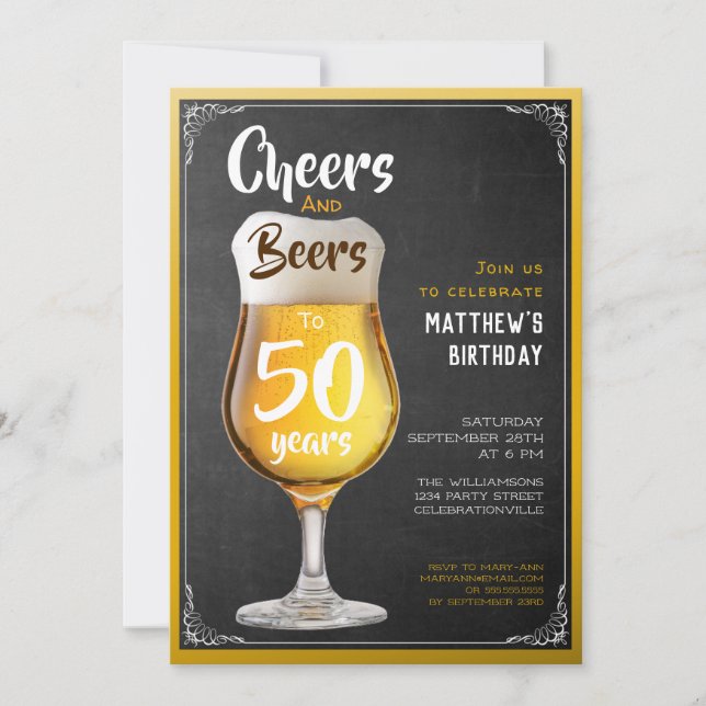 Cheers And Beers Birthday Party Black And Gold Invitation (Front)