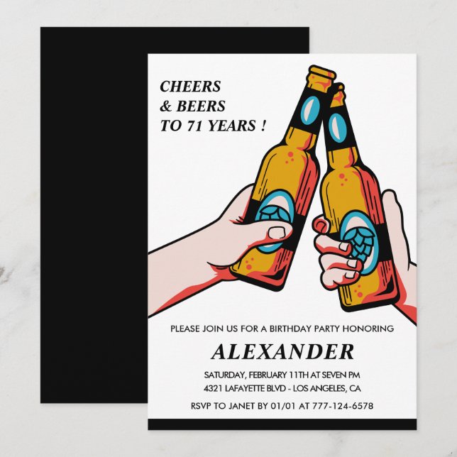 Cheers and Beers Black Rustic Men 71st birthday Invitation (Front/Back)