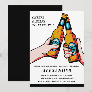 Cheers and Beers Black Rustic Men 77th birthday Invitation