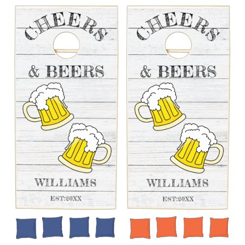 Cheers And Beers  Family Name White Wood  Cornhole Set