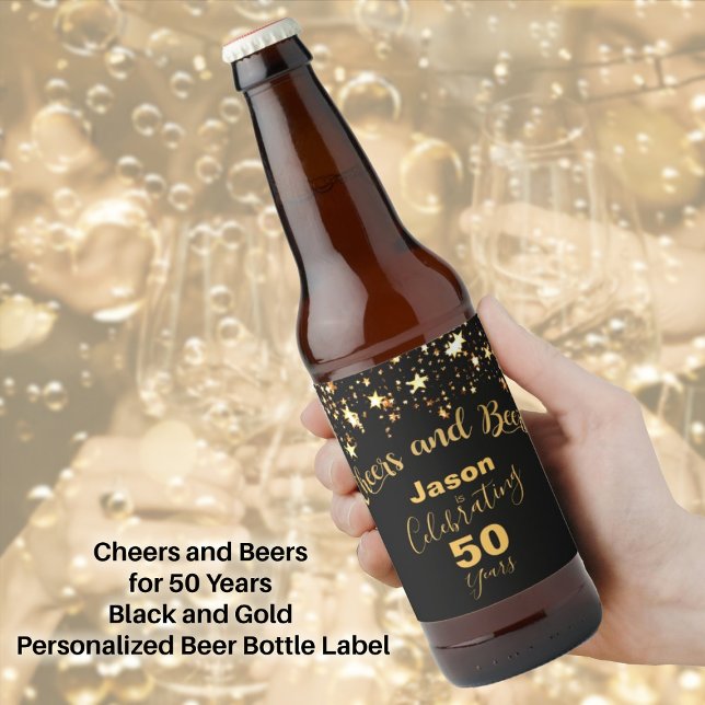Cheers and Beers for 50 Years Black and Gold Beer Bottle Label (Cheers and Beers for 50 Years Black and Gold Beer Bottle Label)