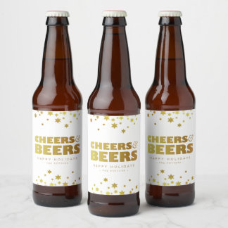 Cheers and Beers | Fun Christmas White & Gold Beer Bottle Label