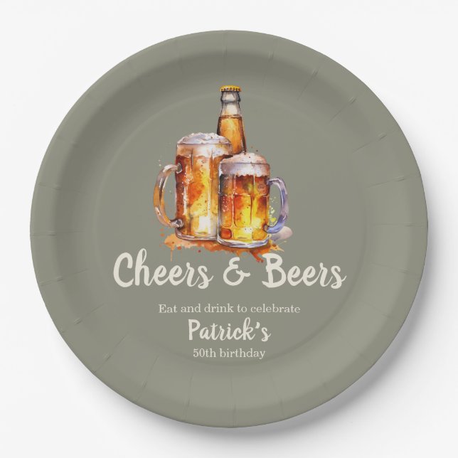 Cheers and Beers Glass Bottle 50th Birthday Paper Plates (Front)
