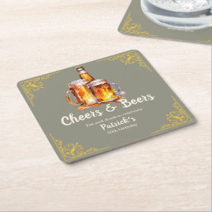 Cheers and Beers Glass Bottle 50th Birthday Square Paper Coaster