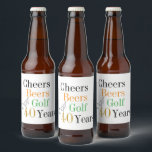 Cheers and Beers Golf 40th Birthday Party Beer Bottle Label<br><div class="desc">This is a cool and modern, 40th birthday, golf party design. It is a simple, minimal design, in classic black and white with gold, orange and green colored typography. Perfect for a cool and fun, golf and beer themed, 40th birthday party. This design is fully customizable, simply use the personalize...</div>