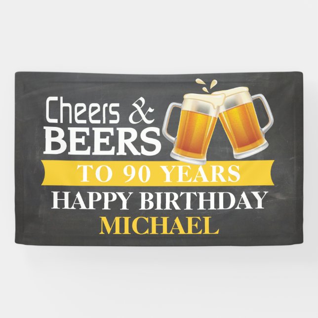 Cheers and Beers Happy 90th Birthday Banner Yellow (Horizontal)