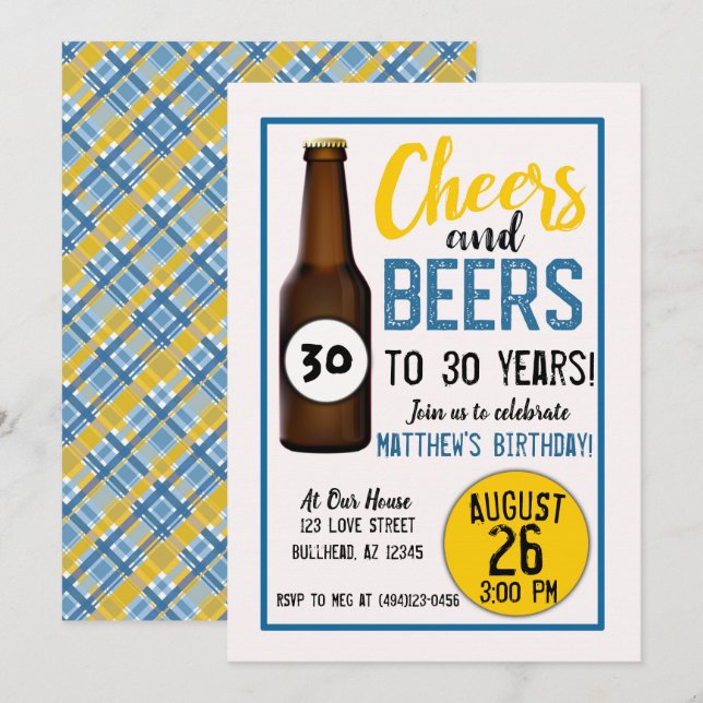 Cheers and Beers mens birthday invitations (Front/Back)
