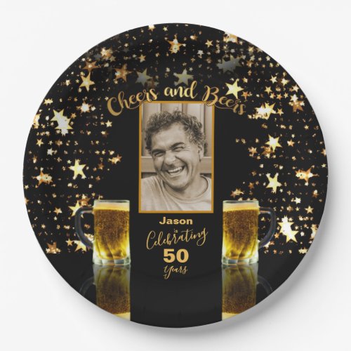 Cheers and Beers Photo Name Age Black  Gold Stars Paper Plates