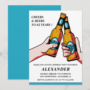 Cheers and Beers Rustic Men Blue 62nd birthday Invitation