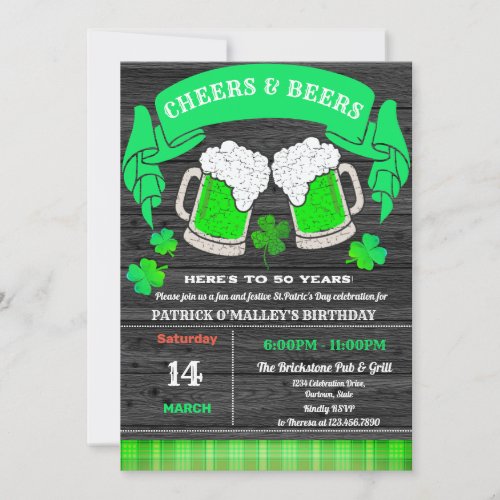 Cheers and Beers St Patricks Day Birthday Party  Invitation