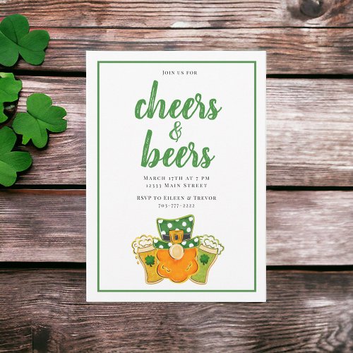 Cheers and Beers St Patricks Day Party Leprechaun Invitation