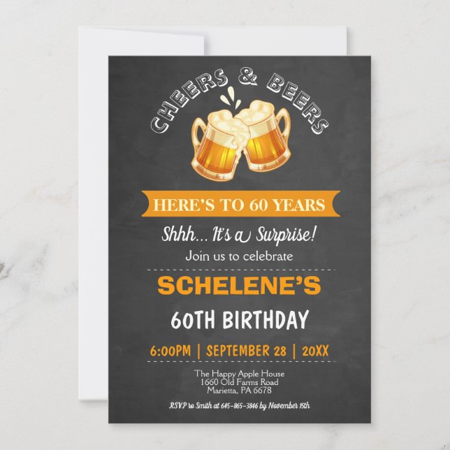 Cheers and Beers Surprise 60th Birthday Chalkboard Invitation (Front)