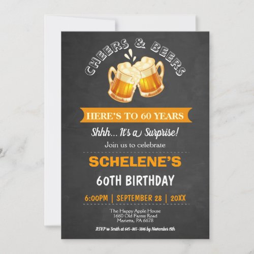 Cheers and Beers Surprise 60th Birthday Chalkboard Invitation