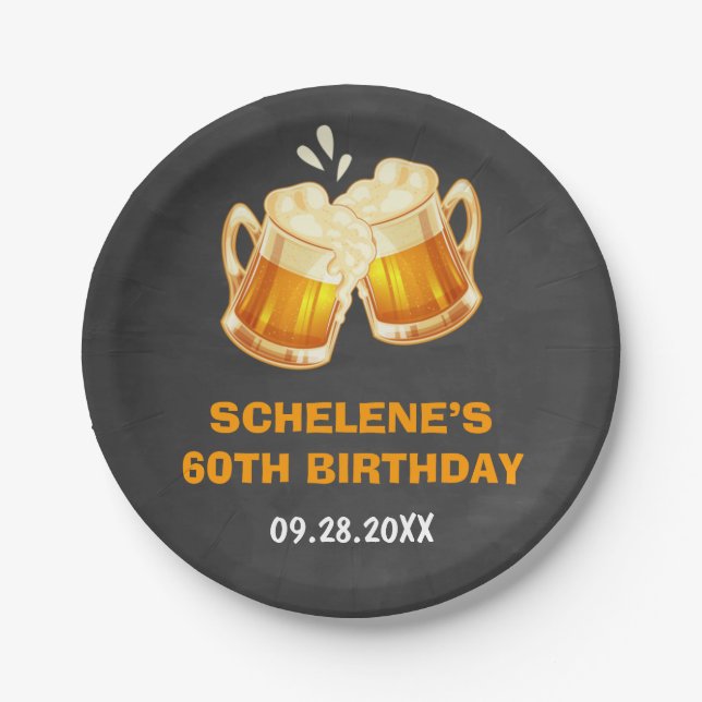 Cheers and Beers Surprise 60th Birthday Chalkboard Paper Plates (Front)
