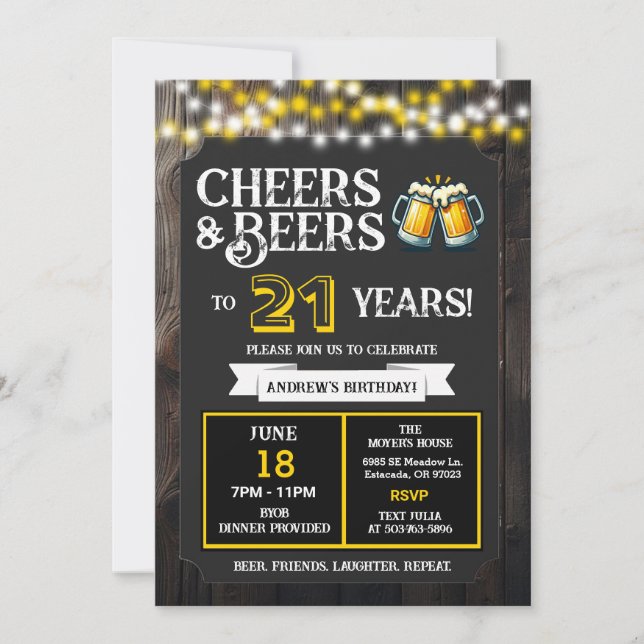 Cheers and Beers to 21 Years Backyard BBQ Birthday Invitation (Front)