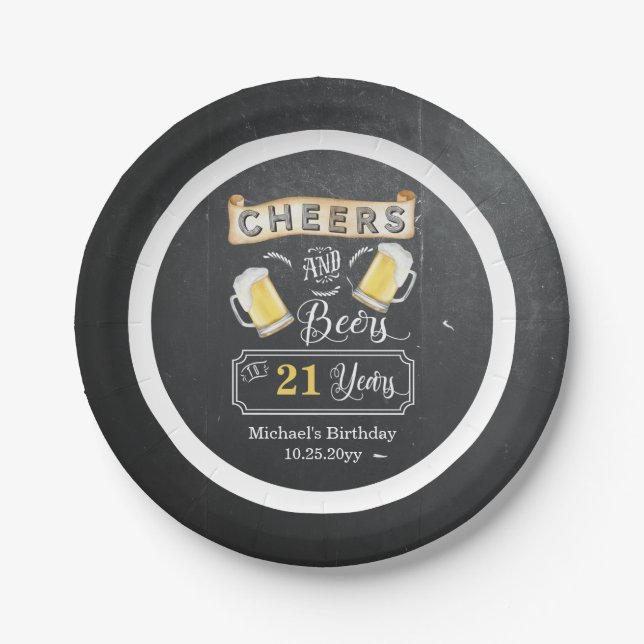 Cheers and Beers to 21 Years Birthday Paper Plate (Front)