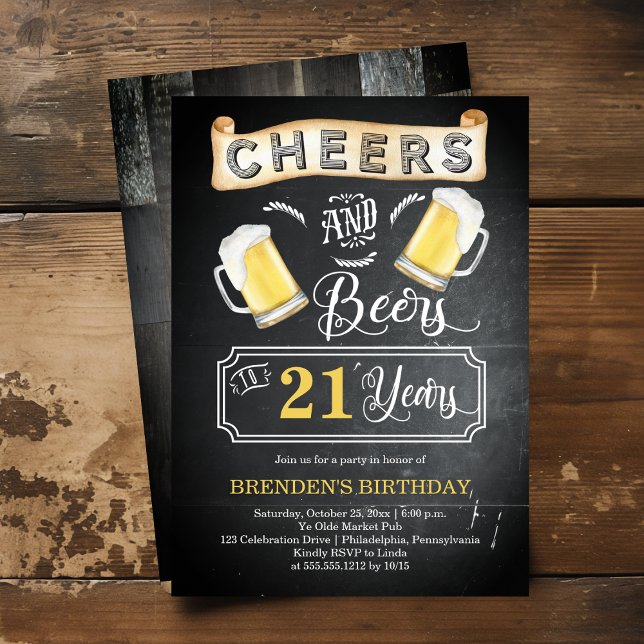 Cheers and Beers to 21 Years Birthday Party Invitation (Cheers and Beers to 21 Years Rustic Barroom-Style Birthday Party Invitation)
