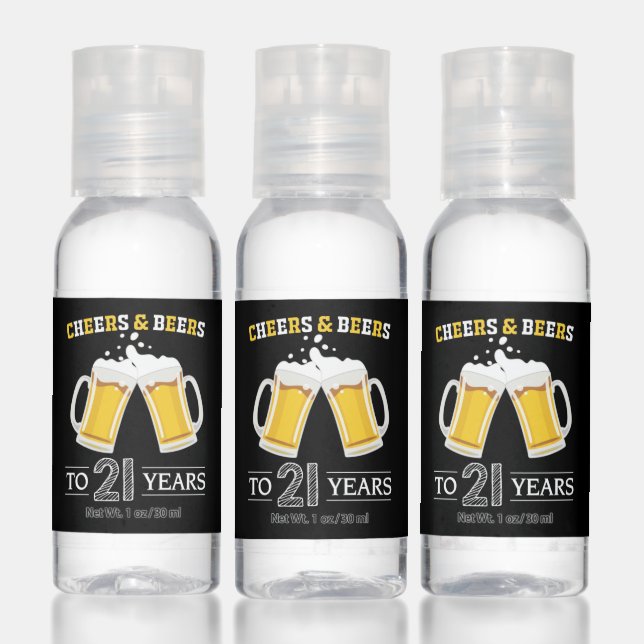 Cheers and Beers to 21 Years Black and Yellow Hand Sanitizer (Set)