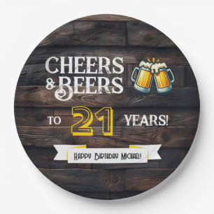 Cheers and Beers to 21 Years Rustic Birthday Paper Plates