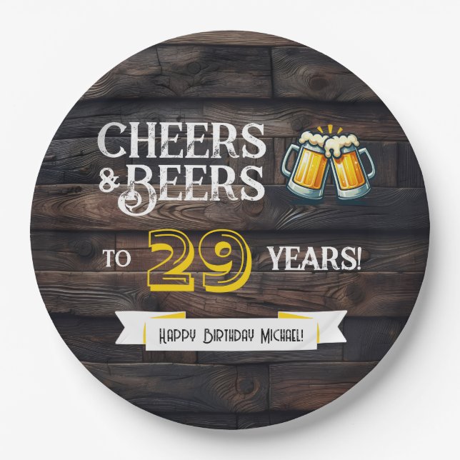 Cheers and Beers to 29 Years Rustic Birthday Paper Plates (Front)