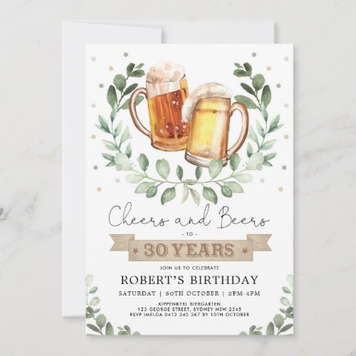 Cheers and Beers to 30 Years Adult Men Birthday Invitation